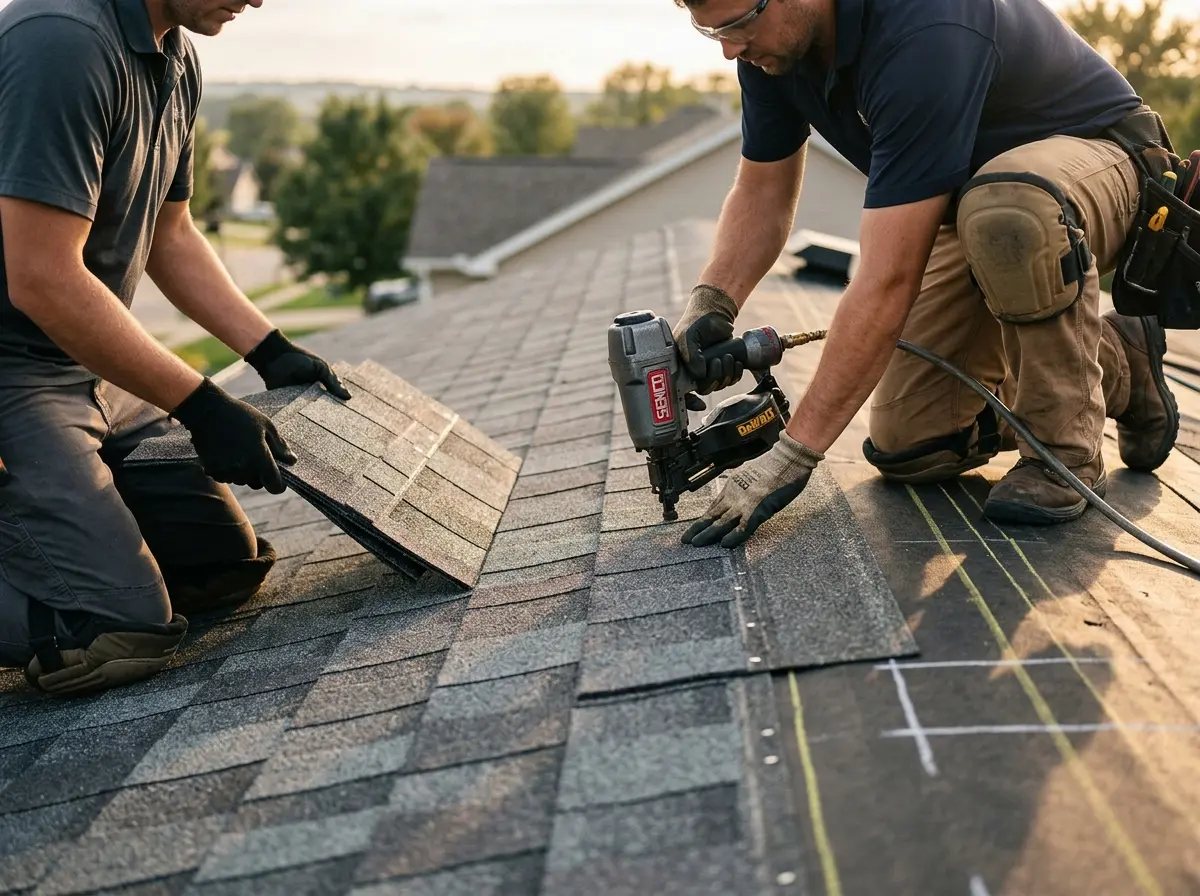 Professional roofer working on a residential roof in Naples Manor